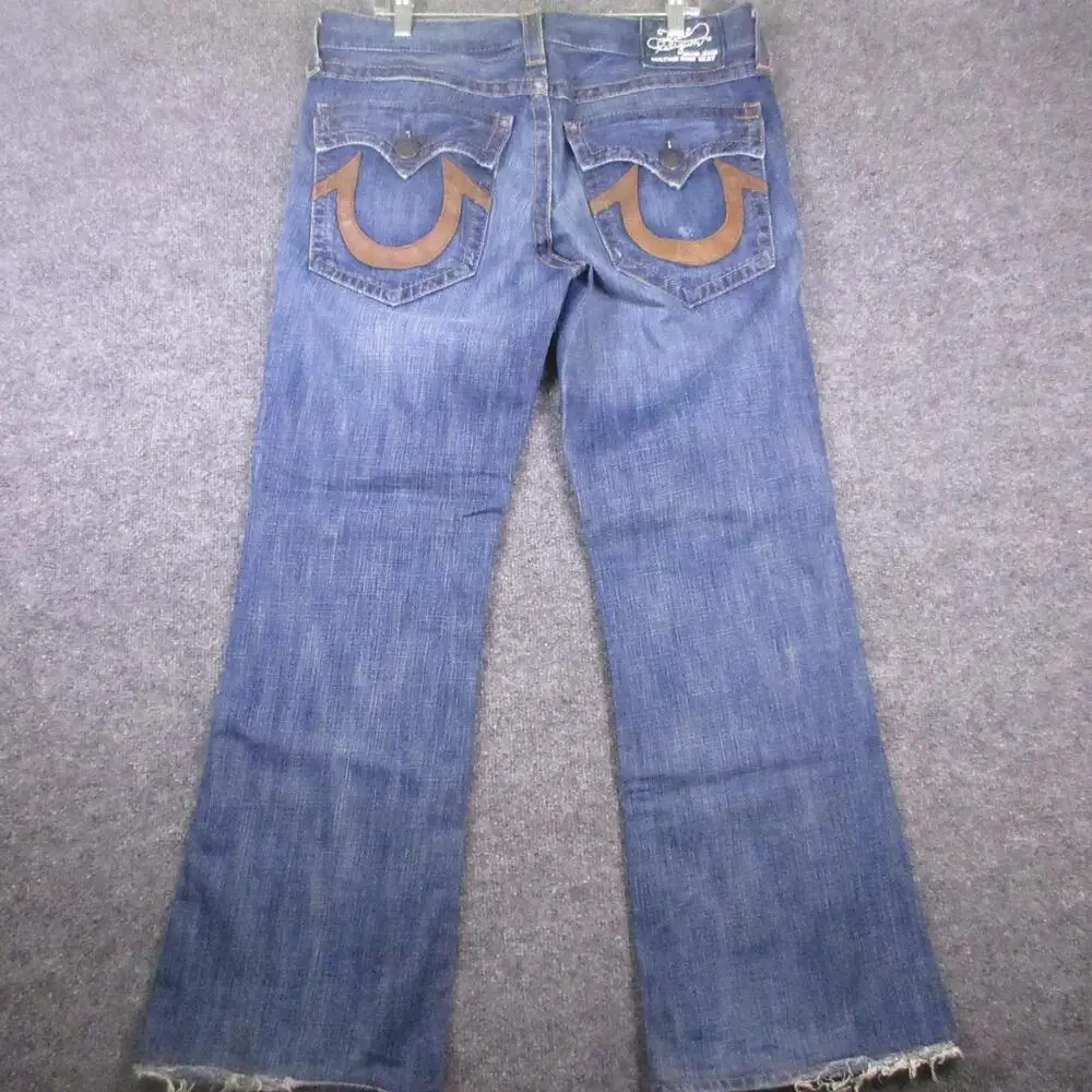 Vintage True Religion Jeans Mens 34x30 Blue Leather Horseshoe Distressed USA